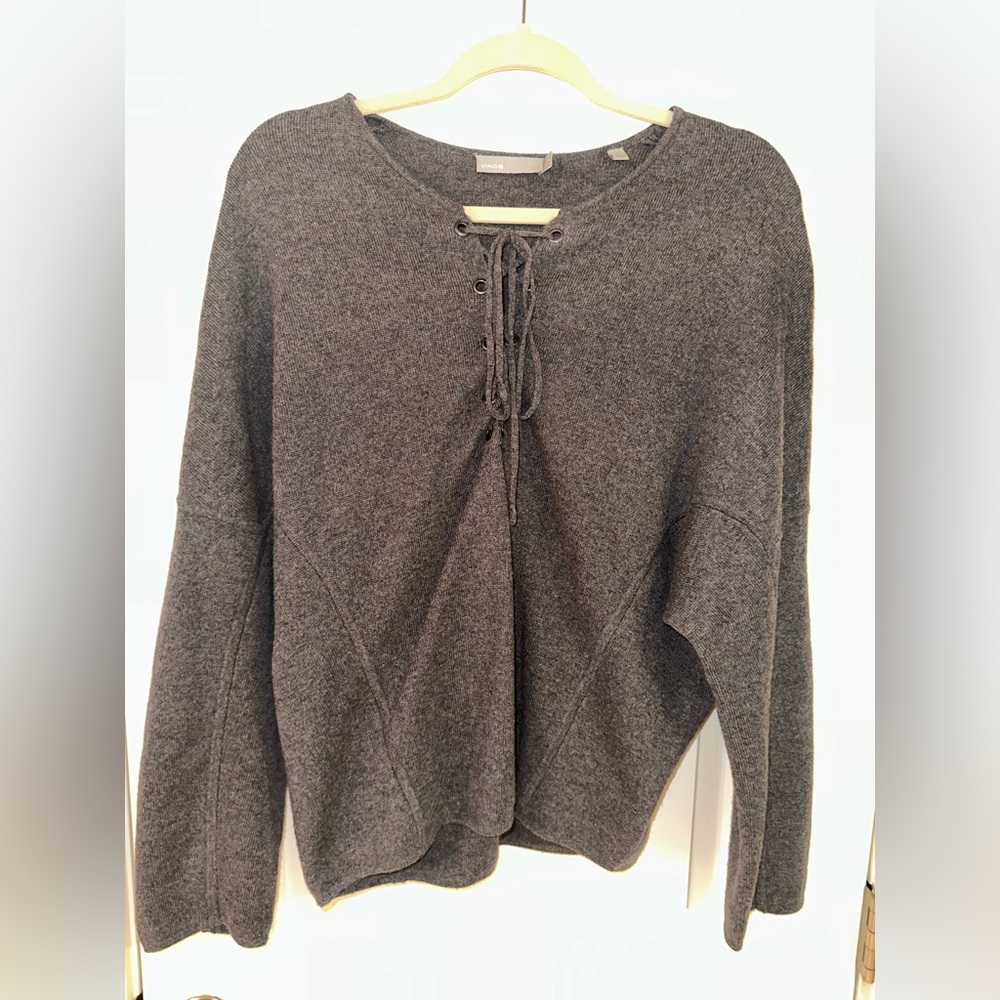 Vince. Grey Wool Cashmere Lace-Up Sweater